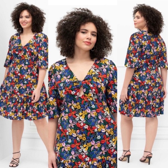 ELOQUII Elements Women's Plus Size Knot Front Floral Print Flounce Dress Size 16 - Picture 2 of 5